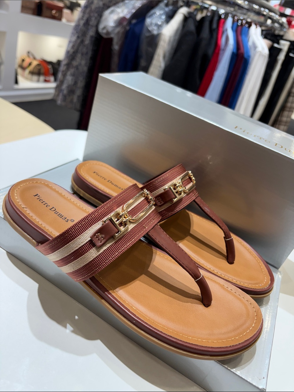 Pierre Dumas Brown and Ivory Striped Thong Sandals